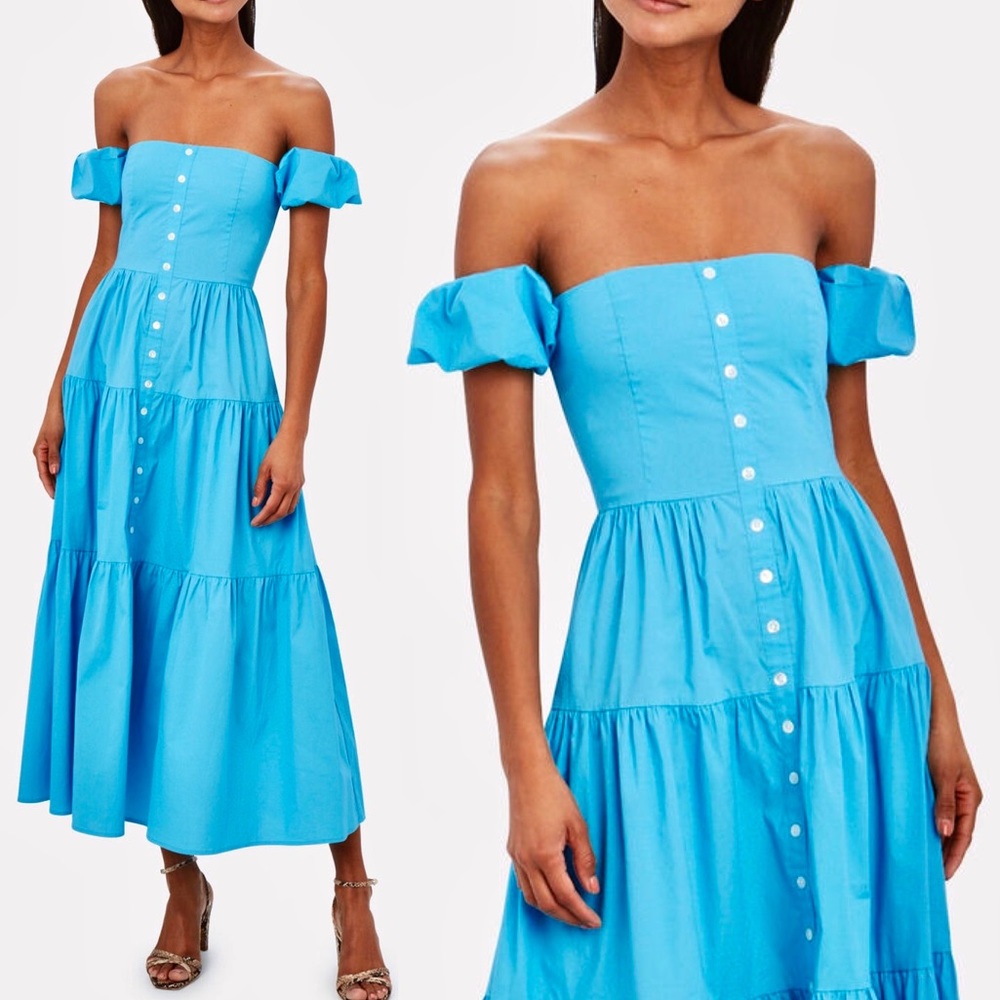 🌺🎉HP🎉🌺 NWT Staud Elio Off-The-Shoulder Midi Dress Bright Blue